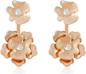 Vintage Dangle Gold Flower Earrings for Women Drop Gold Petal Floral Earrings Rhinestone Enamel Flower Statement Earrings Retro Blossom Earrings Wedding Spring Summer Trendy Party Jewelry Gift for Her