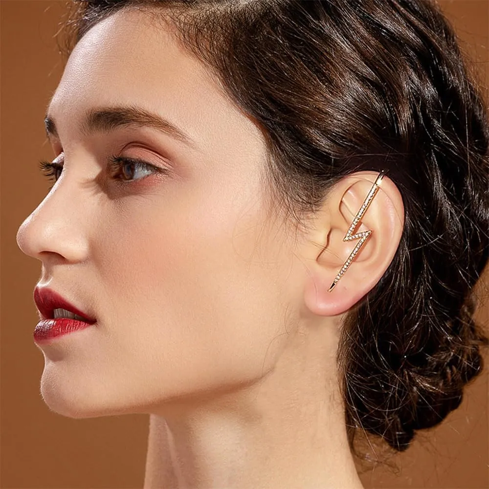 Vintage Ear Wrap Crawler Hook Earrings Crystal Long Piercing Star-Shape Lightning Bolt Exaggerate Wrap Climber Earrings Gold Silver Cz Ear Cuff Earrings for Women