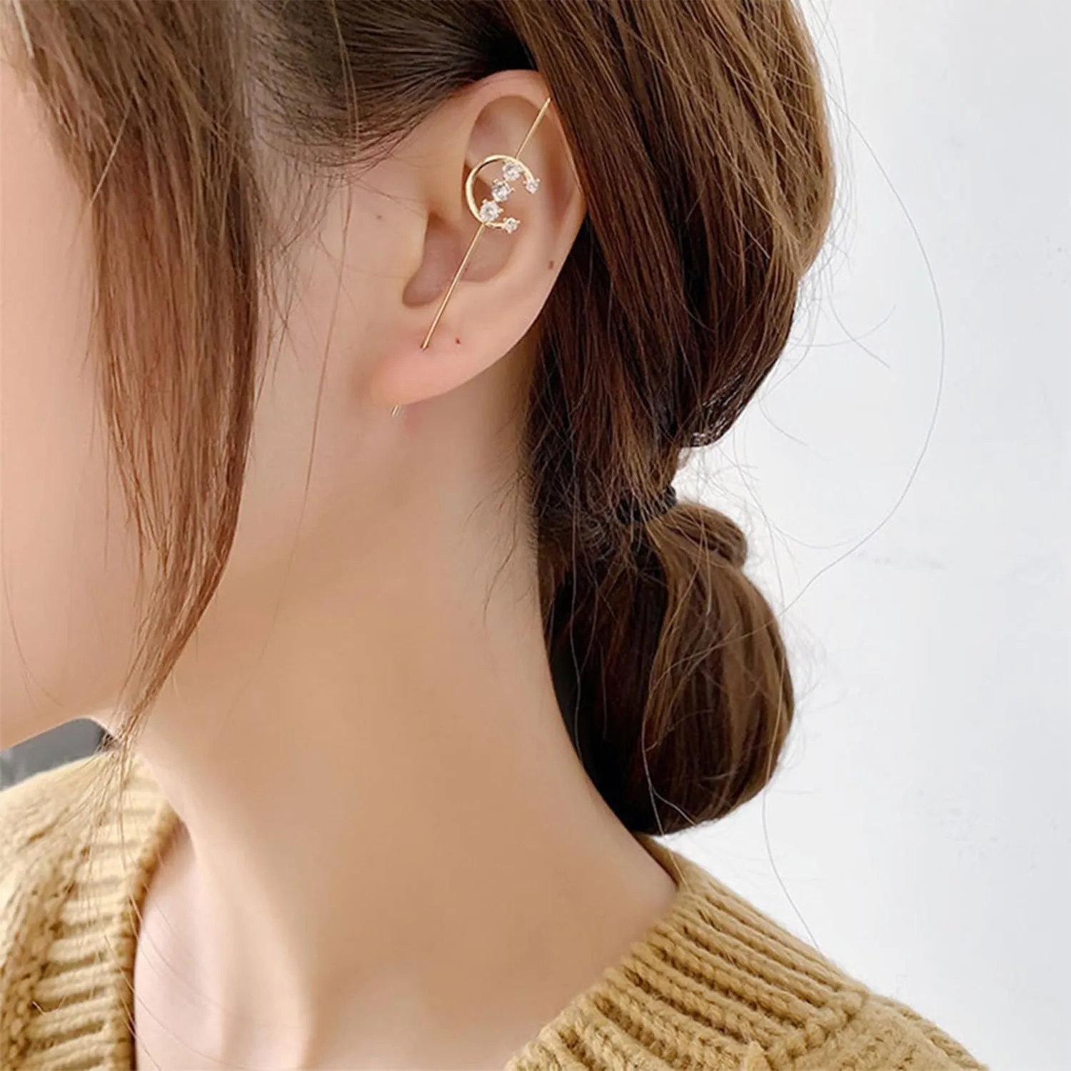 Vintage Ear Wrap Crawler Hook Earrings Crystal Long Piercing Star-Shape Lightning Bolt Exaggerate Wrap Climber Earrings Gold Silver Cz Ear Cuff Earrings for Women