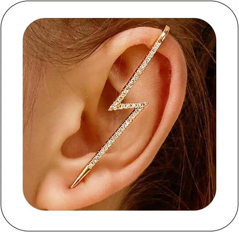 Vintage Ear Wrap Crawler Hook Earrings Crystal Long Piercing Star-Shape Lightning Bolt Exaggerate Wrap Climber Earrings Gold Silver Cz Ear Cuff Earrings for Women