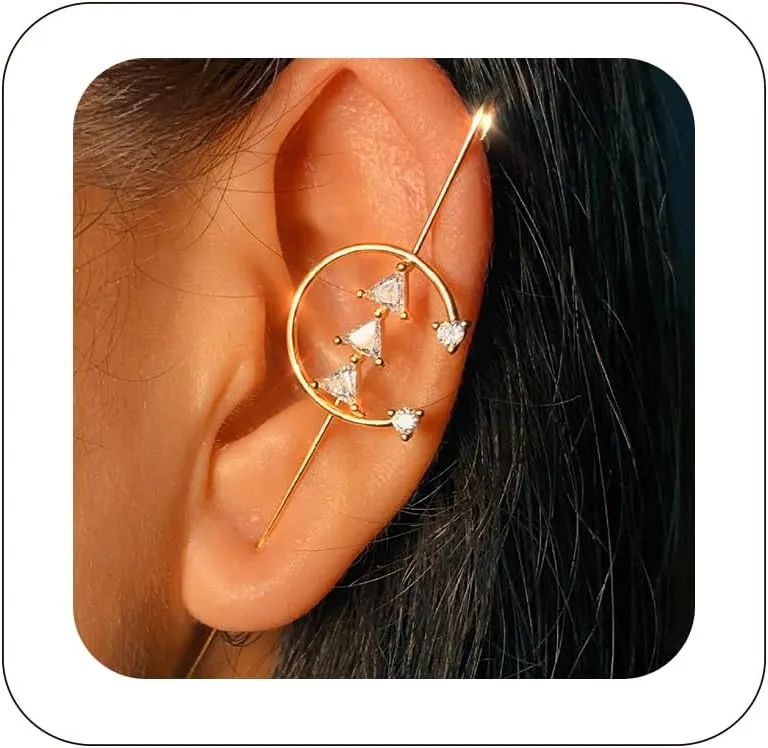 Vintage Ear Wrap Crawler Hook Earrings Crystal Long Piercing Star-Shape Lightning Bolt Exaggerate Wrap Climber Earrings Gold Silver Cz Ear Cuff Earrings for Women