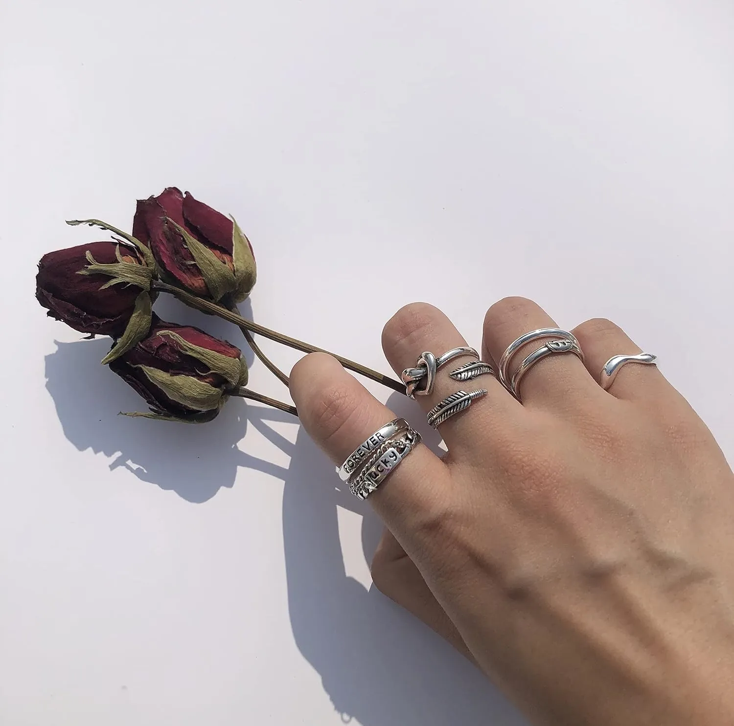 Vintage Knuckle 925 Sterling Silver Rings for Women/Men, Adjustable Rings, Plated plated cupronickel, Exquisite Jewelry Gift Box (Wide plain ring)