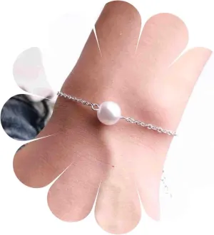 Vintage Pearl Bracelet Silver Pearl Beaded Bracelet Freshwater Cultured Pearl Bracelet Minimalist Bracelet Hand Chain Jewelry for Women Gifts (Silver)
