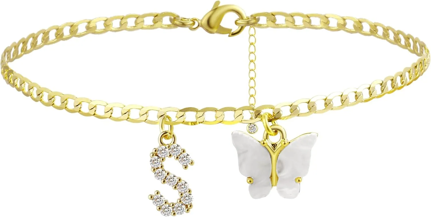VIROMY 14K Gold Plated Dainty Butterfly Initial Ankle Bracelets Handmade Cuban Chain White Butterfly A-Z Alphabet Letter Initial Anklets Personalized Summer Beach Jewelry Gifts for Women