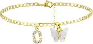 VIROMY 14K Gold Plated Dainty Butterfly Initial Ankle Bracelets Handmade Cuban Chain White Butterfly A-Z Alphabet Letter Initial Anklets Personalized Summer Beach Jewelry Gifts for Women