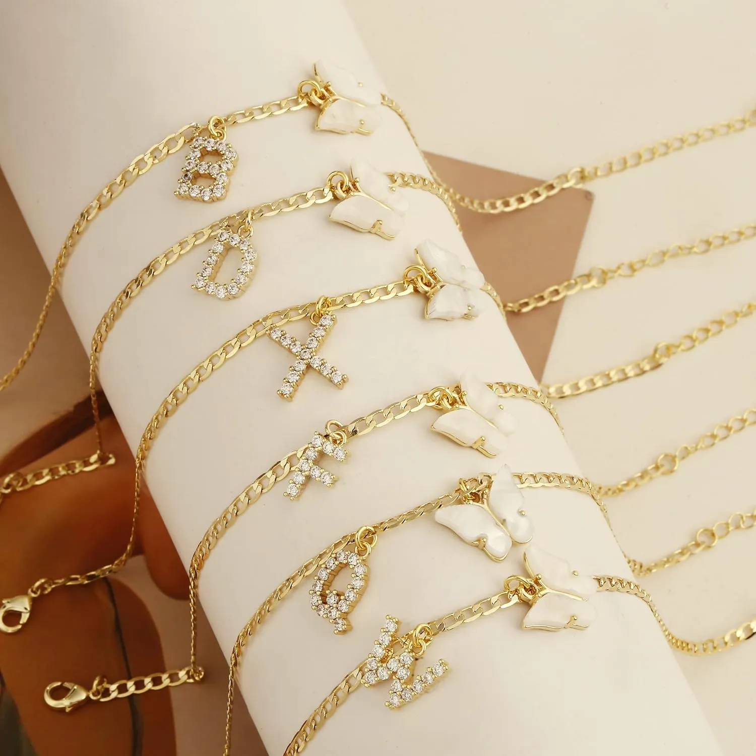 VIROMY 14K Gold Plated Dainty Butterfly Initial Ankle Bracelets Handmade Cuban Chain White Butterfly A-Z Alphabet Letter Initial Anklets Personalized Summer Beach Jewelry Gifts for Women