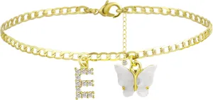 VIROMY 14K Gold Plated Dainty Butterfly Initial Ankle Bracelets Handmade Cuban Chain White Butterfly A-Z Alphabet Letter Initial Anklets Personalized Summer Beach Jewelry Gifts for Women