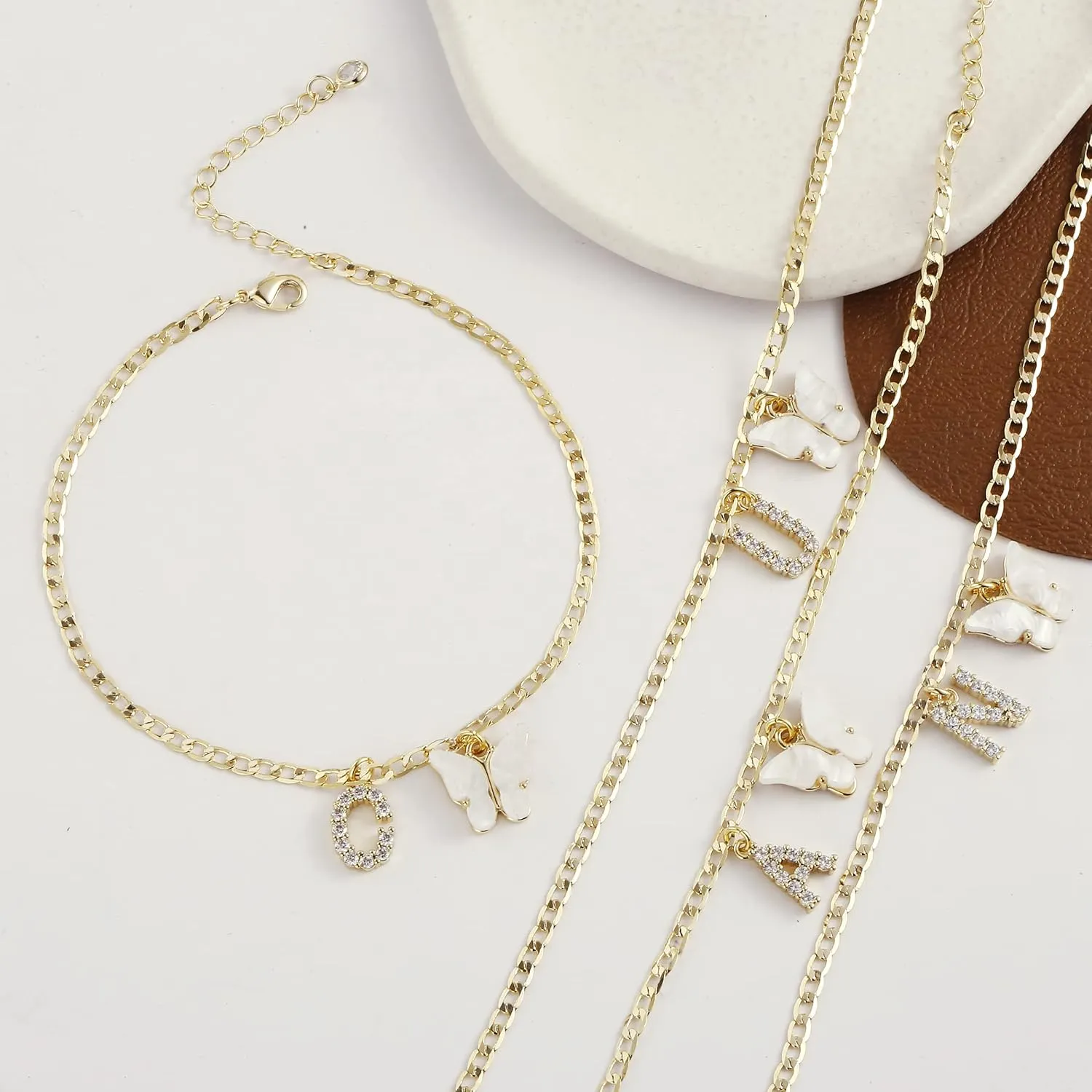 VIROMY 14K Gold Plated Dainty Butterfly Initial Ankle Bracelets Handmade Cuban Chain White Butterfly A-Z Alphabet Letter Initial Anklets Personalized Summer Beach Jewelry Gifts for Women