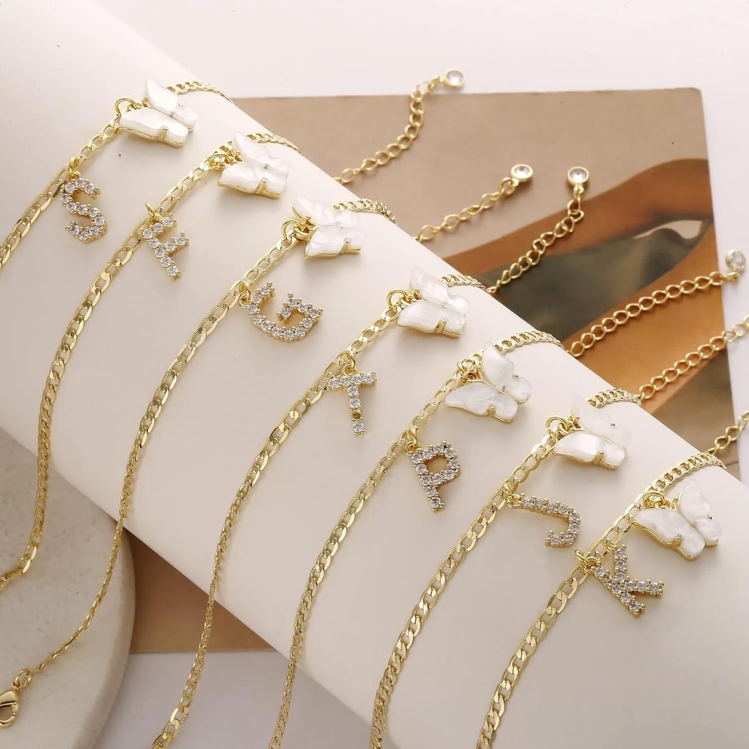 VIROMY 14K Gold Plated Dainty Butterfly Initial Ankle Bracelets Handmade Cuban Chain White Butterfly A-Z Alphabet Letter Initial Anklets Personalized Summer Beach Jewelry Gifts for Women