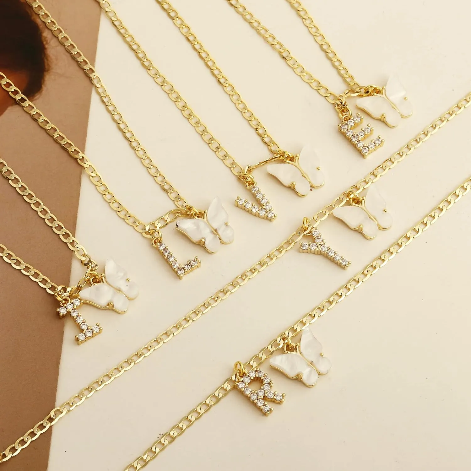 VIROMY 14K Gold Plated Dainty Butterfly Initial Ankle Bracelets Handmade Cuban Chain White Butterfly A-Z Alphabet Letter Initial Anklets Personalized Summer Beach Jewelry Gifts for Women