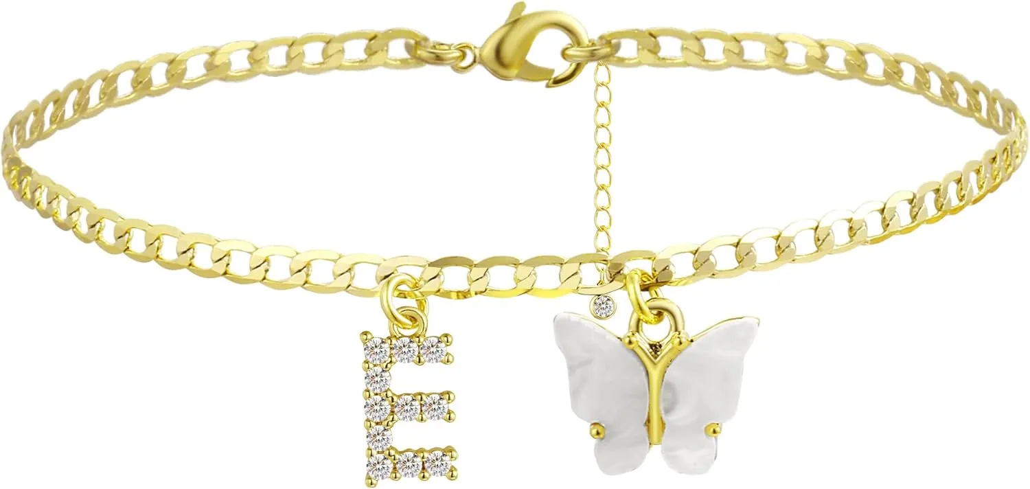 VIROMY 14K Gold Plated Dainty Butterfly Initial Ankle Bracelets Handmade Cuban Chain White Butterfly A-Z Alphabet Letter Initial Anklets Personalized Summer Beach Jewelry Gifts for Women