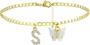 VIROMY 14K Gold Plated Dainty Butterfly Initial Ankle Bracelets Handmade Cuban Chain White Butterfly A-Z Alphabet Letter Initial Anklets Personalized Summer Beach Jewelry Gifts for Women