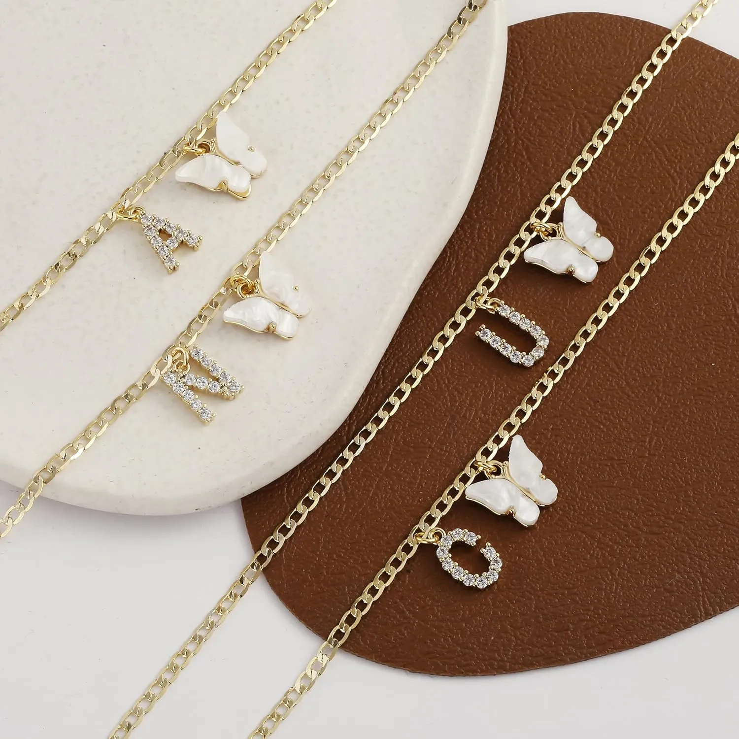 VIROMY 14K Gold Plated Dainty Butterfly Initial Ankle Bracelets Handmade Cuban Chain White Butterfly A-Z Alphabet Letter Initial Anklets Personalized Summer Beach Jewelry Gifts for Women