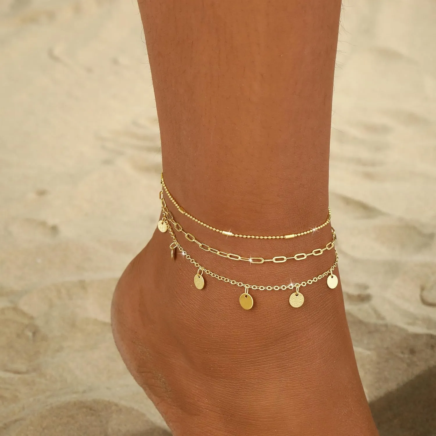 VIROMY Gold Ankle Bracelets for Women Waterproof, 14k Gold Plated Simple Chain Anklets Set for Women Beach Gift Adjustable Size 3pc