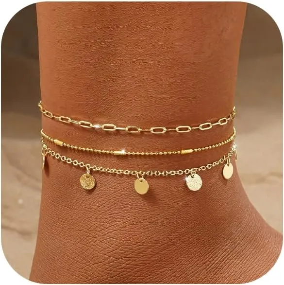 VIROMY Gold Ankle Bracelets for Women Waterproof, 14k Gold Plated Simple Chain Anklets Set for Women Beach Gift Adjustable Size 3pc