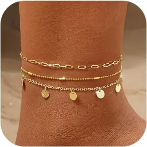 VIROMY Gold Ankle Bracelets for Women Waterproof, 14k Gold Plated Simple Chain Anklets Set for Women Beach Gift Adjustable Size 3pc