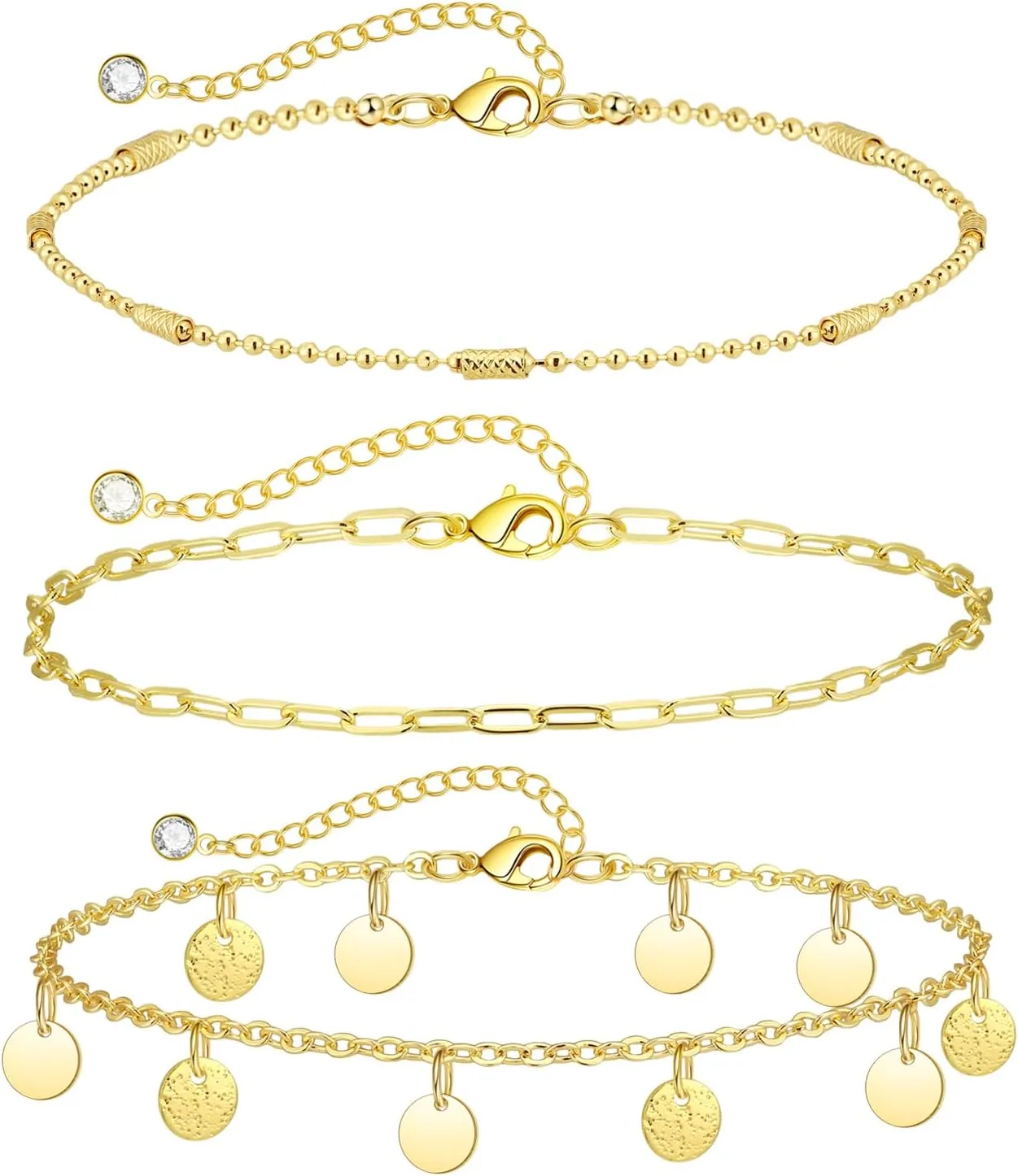 VIROMY Gold Ankle Bracelets for Women Waterproof, 14k Gold Plated Simple Chain Anklets Set for Women Beach Gift Adjustable Size 3pc