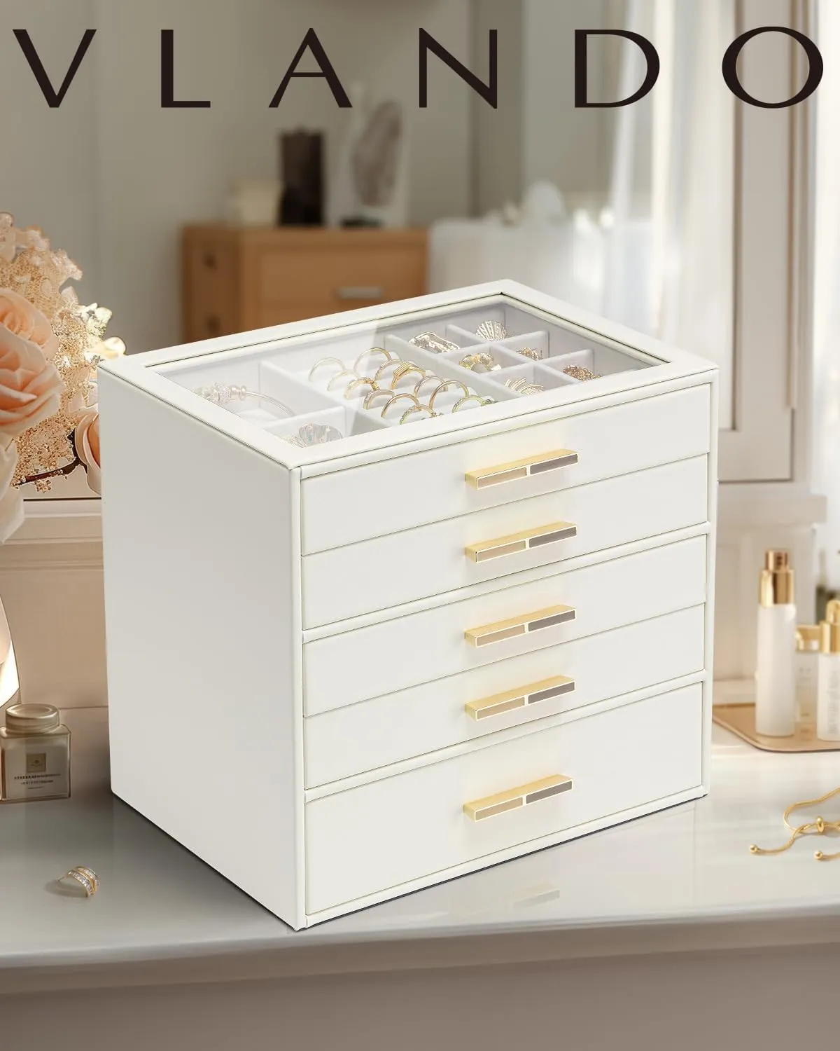 Vlando 5 Layer Jewelry Box for Women, Glass Lid Jewelry Organizer with 5 Drawers for Necklaces Rings Earrings Bracelets - Cloud White