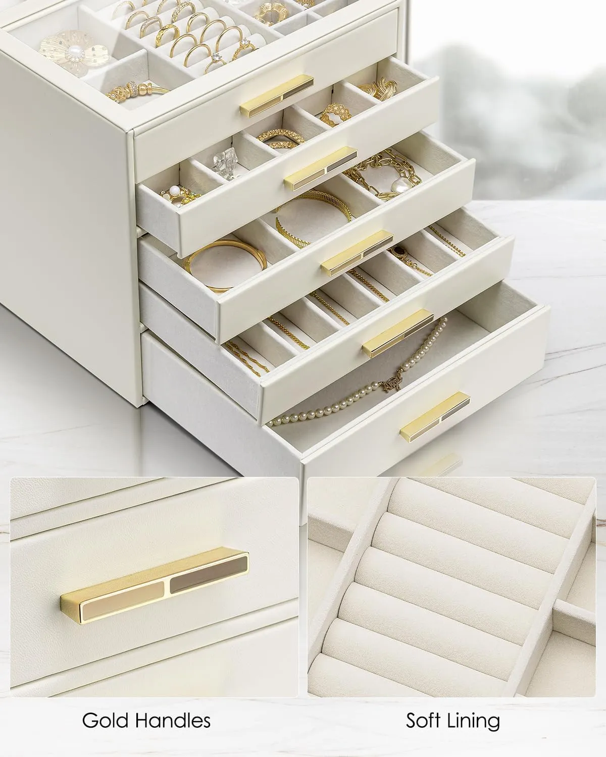 Vlando 5 Layer Jewelry Box for Women, Glass Lid Jewelry Organizer with 5 Drawers for Necklaces Rings Earrings Bracelets - Cloud White