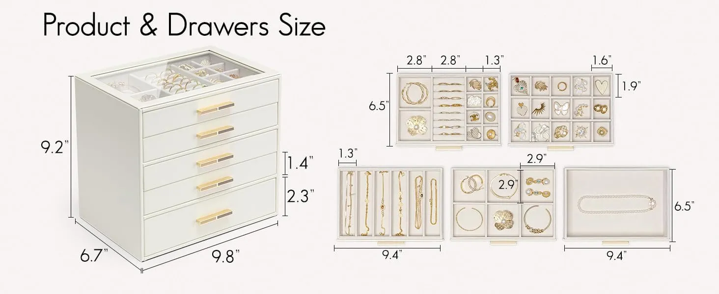 Vlando 5 Layer Jewelry Box for Women, Glass Lid Jewelry Organizer with 5 Drawers for Necklaces Rings Earrings Bracelets - Cloud White