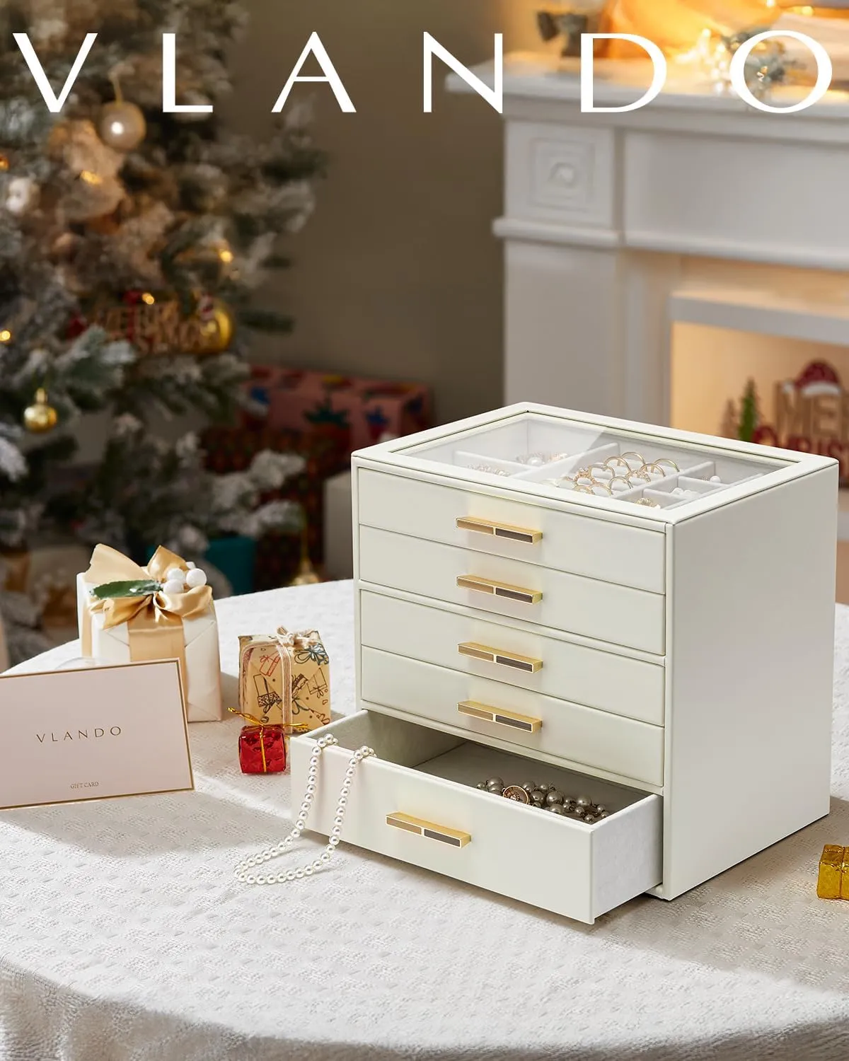 Vlando 5 Layer Jewelry Box for Women, Glass Lid Jewelry Organizer with 5 Drawers for Necklaces Rings Earrings Bracelets - Cloud White