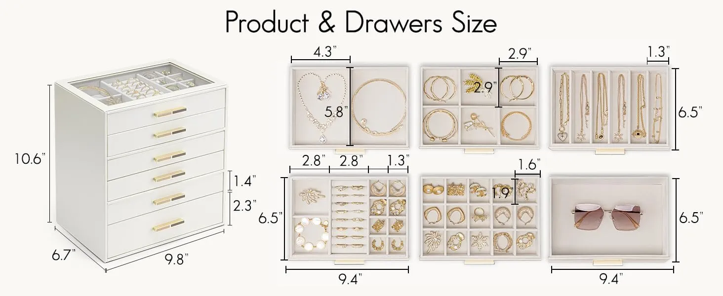Vlando 6 Layer Jewelry Box for Women, Glass Lid Jewelry Organizer with 6 Drawers for Necklaces Rings Earrings Bracelets - Cloud White