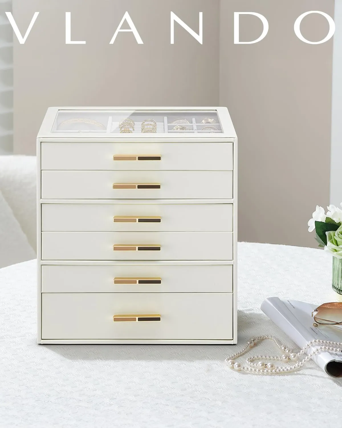 Vlando 6 Layer Jewelry Box for Women, Glass Lid Jewelry Organizer with 6 Drawers for Necklaces Rings Earrings Bracelets - Cloud White