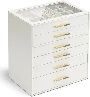 Vlando 6 Layer Jewelry Box for Women, Glass Lid Jewelry Organizer with 6 Drawers for Necklaces Rings Earrings Bracelets - Cloud White