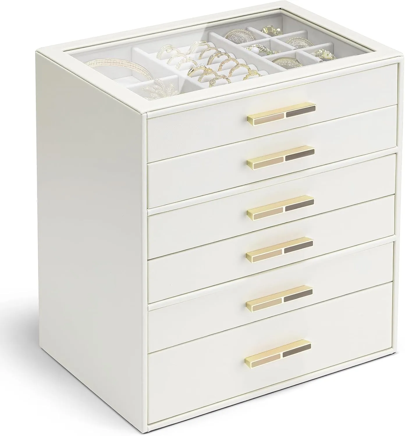 Vlando 6 Layer Jewelry Box for Women, Glass Lid Jewelry Organizer with 6 Drawers for Necklaces Rings Earrings Bracelets - Cloud White