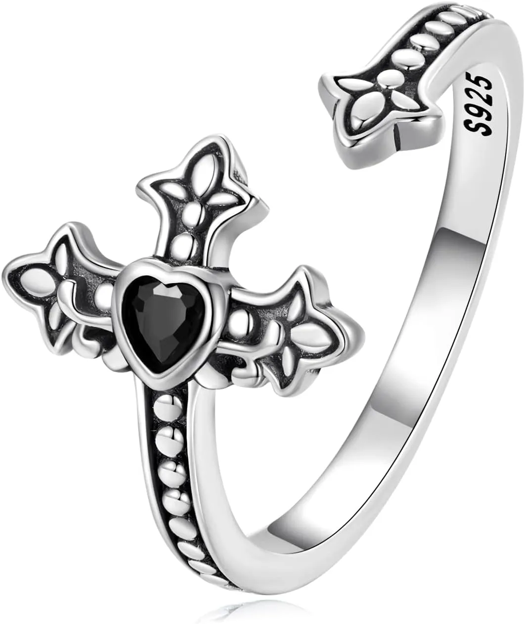 VOROCO 925 Sterling Silver Adjustable Open Ring Trendy Elegant Unique Open Ring Flower Cross Ring for Women Jewelry Gift