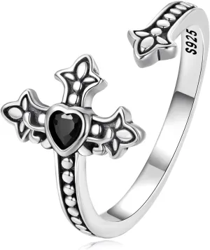 VOROCO 925 Sterling Silver Adjustable Open Ring Trendy Elegant Unique Open Ring Flower Cross Ring for Women Jewelry Gift