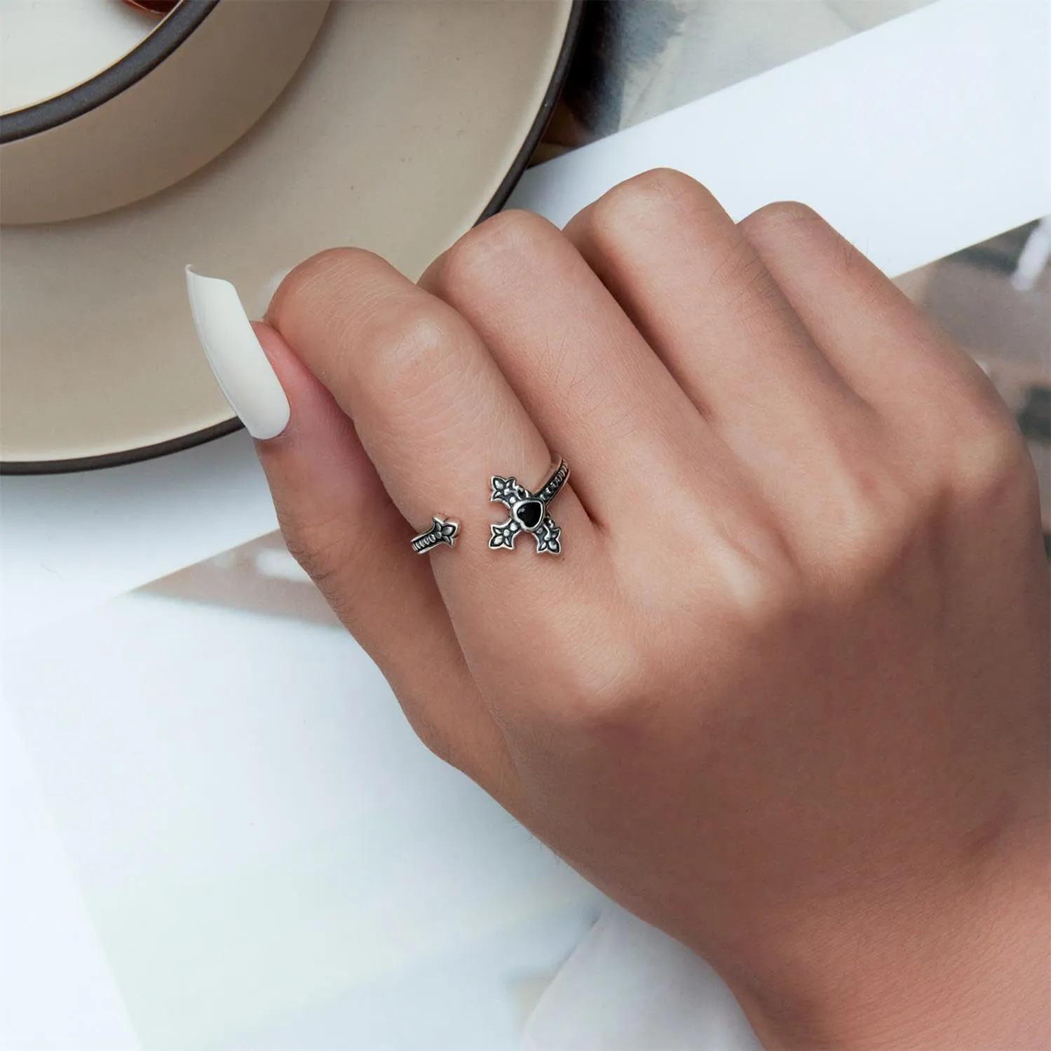 VOROCO 925 Sterling Silver Adjustable Open Ring Trendy Elegant Unique Open Ring Flower Cross Ring for Women Jewelry Gift