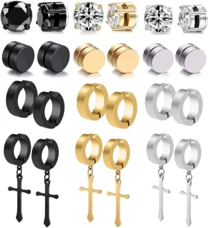 WAINIS 12 Pairs Stainless Steel Non Pierced Magnetic Earrings for Men Women CZ Clip on Dangle Magnet Earrings Set