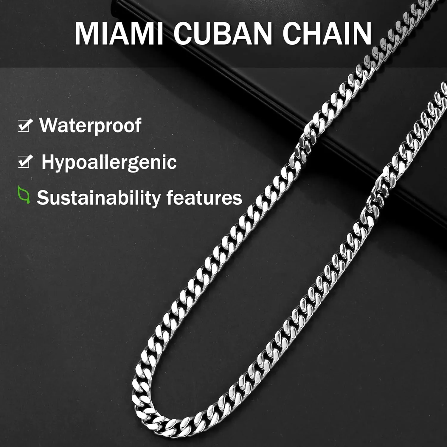 Waterproof Cuban Link Chain for Men 316L Stainless Steel Chain/Black Chain Width 5mm/7mm/9mm, Miami Cuban Chain Necklace for Men No Tarnish& Durable Hip Hop Mens Jewelry