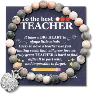 WATINC Teacher Appreciation Bracelet Gifts for Teacher Women with Wish Card, Thank You Teacher Natural Stone Bracelet, Thanksgiving Teachers Day Elastic Bracelet Jewel