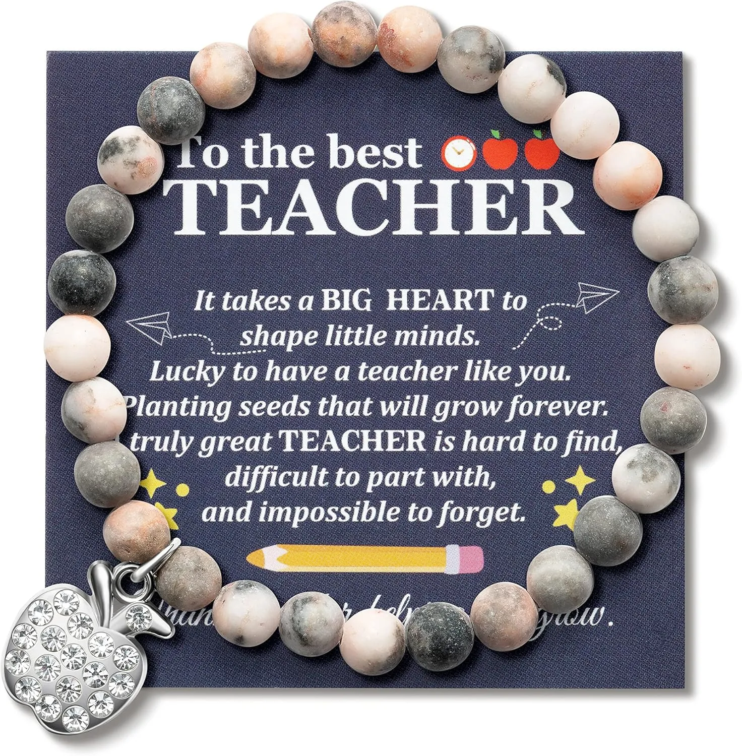 WATINC Teacher Appreciation Bracelet Gifts for Teacher Women with Wish Card, Thank You Teacher Natural Stone Bracelet, Thanksgiving Teachers Day Elastic Bracelet Jewel