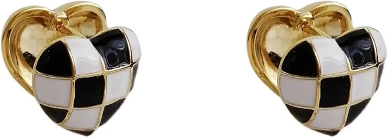 WCRAZYE 14k Gold Filled Small Checkered Hoop Earrings White Black Enamel Hoops Earrings for Women Minimalist Tiny White Black Enamel Choker Round Circle Huggie Hoops Earrings