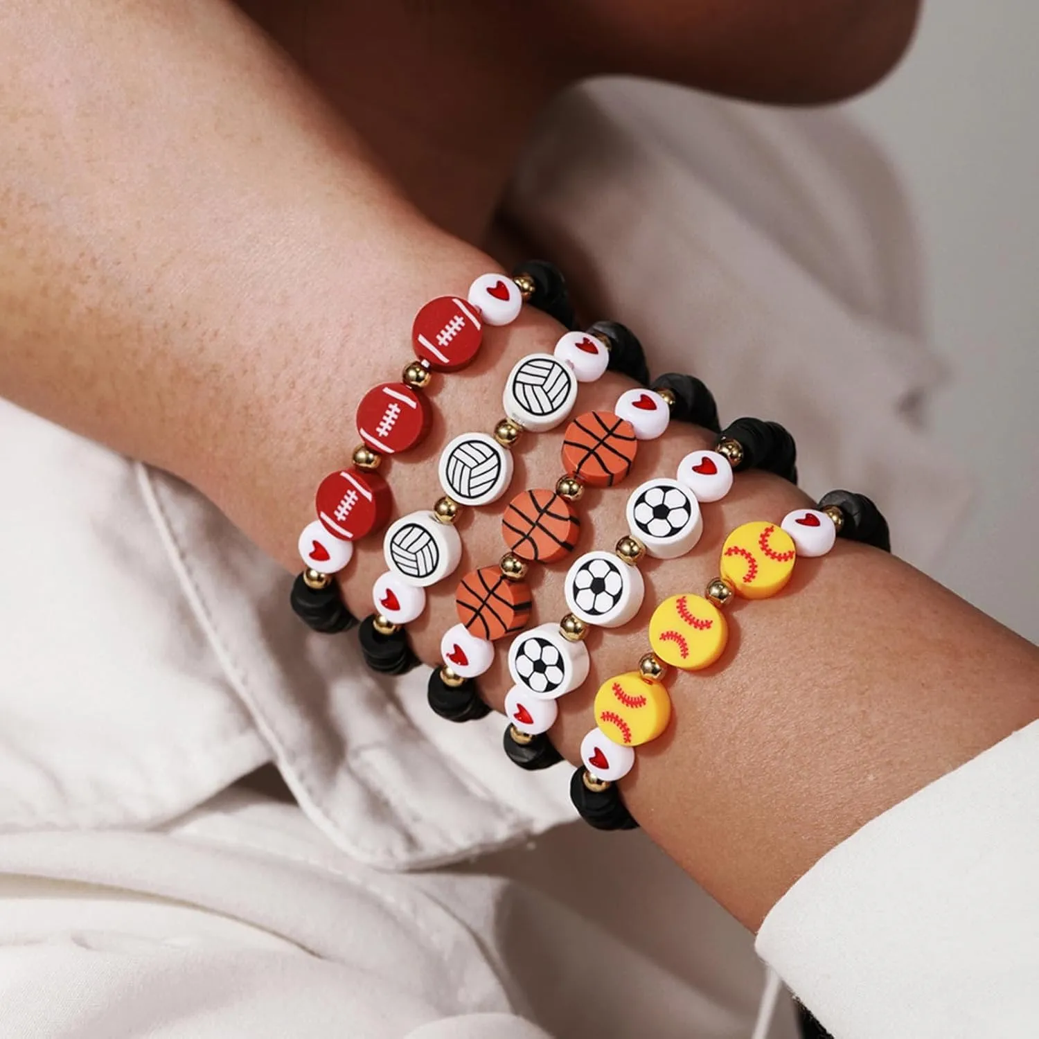 WCRAZYE Sports Bracelets Charm Football Baseball Basketball Volleyball Soccer Softball Stackable Clay Beaded Bracelets for Sport Team Lovers Players Gifts