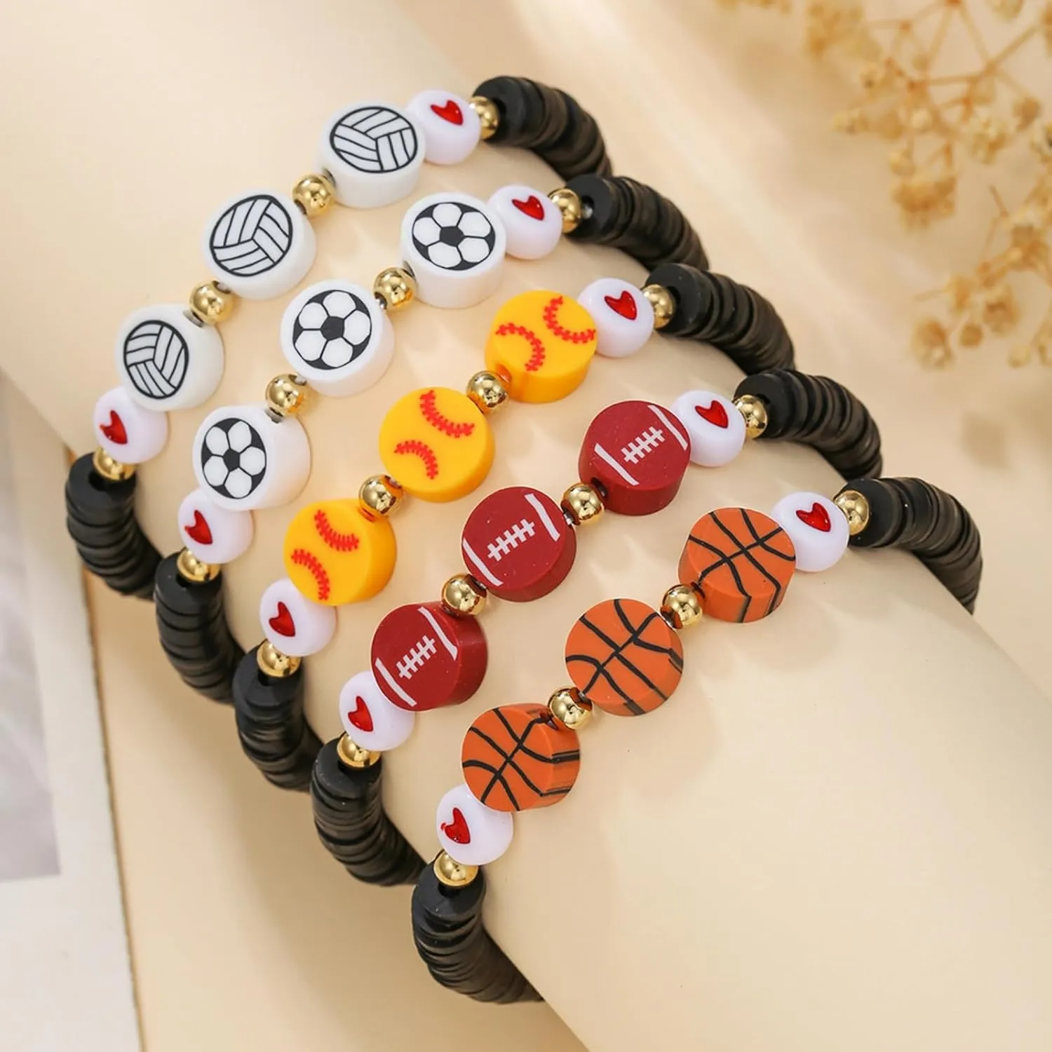 WCRAZYE Sports Bracelets Charm Football Baseball Basketball Volleyball Soccer Softball Stackable Clay Beaded Bracelets for Sport Team Lovers Players Gifts
