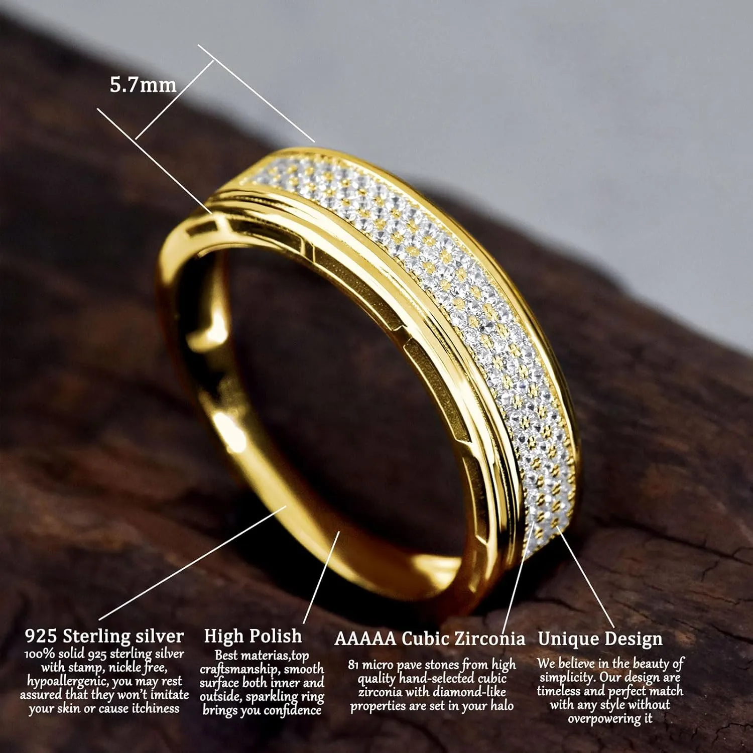 Wedding Rings For Men 925 Sterling Silver Rings Men'S Hip Hop Anniversary Wedding Band Gifts For Men Gold Plated 1ct Micro Pave Cubic Zirconia