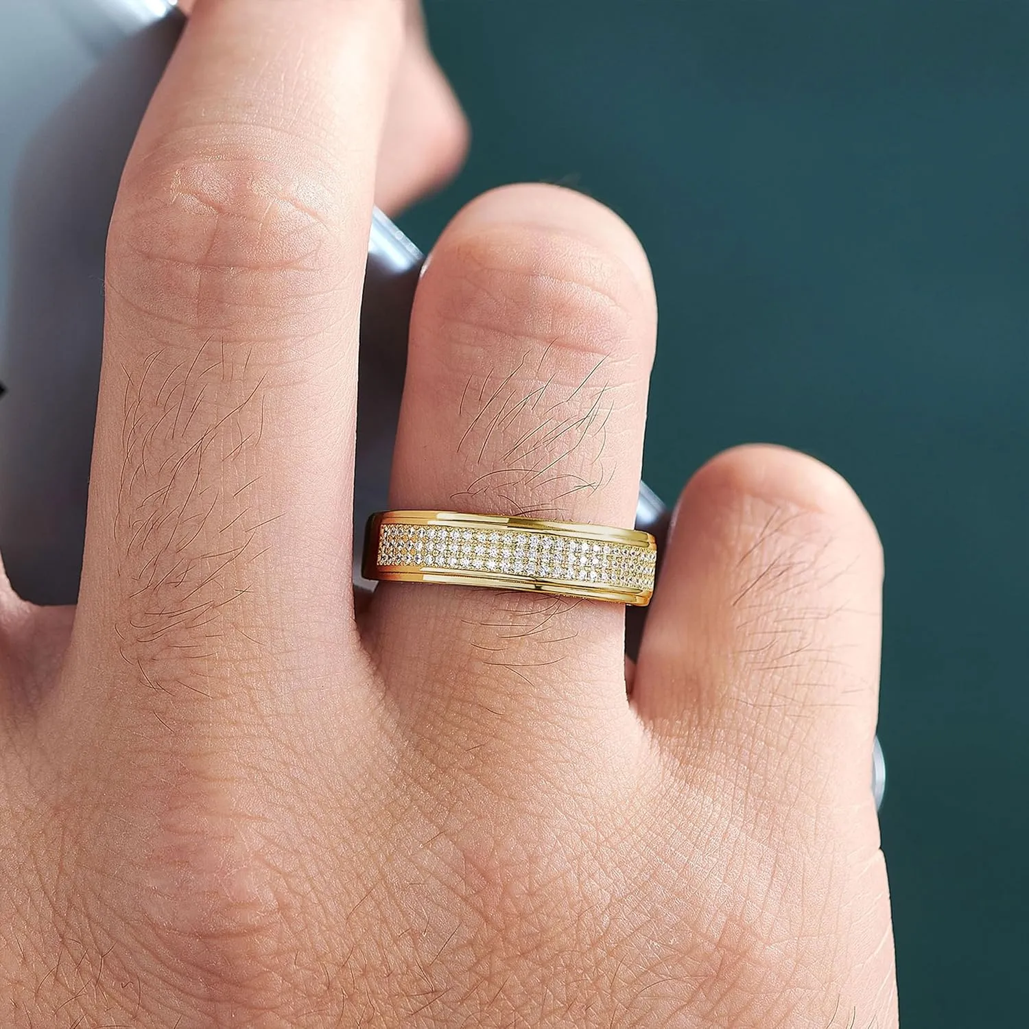 Wedding Rings For Men 925 Sterling Silver Rings Men'S Hip Hop Anniversary Wedding Band Gifts For Men Gold Plated 1ct Micro Pave Cubic Zirconia