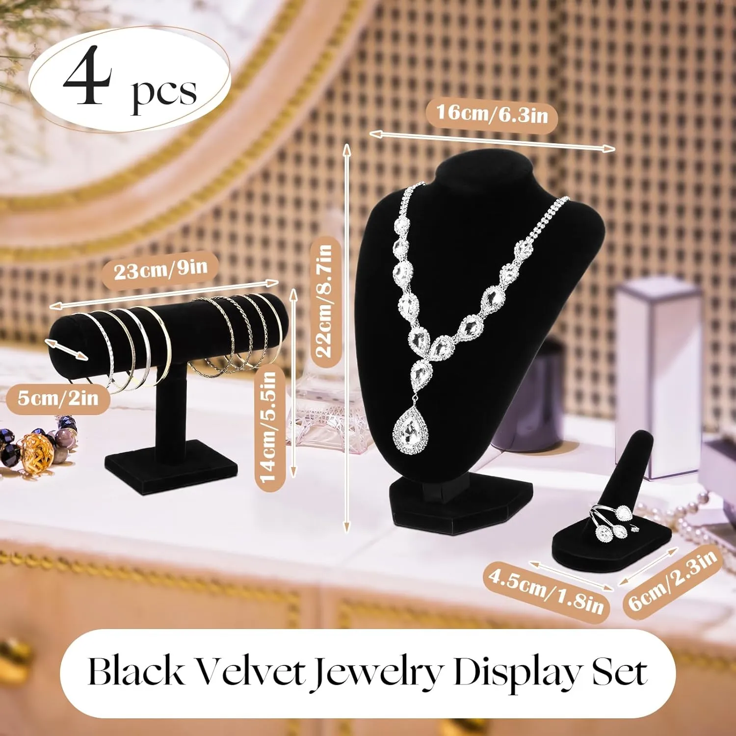 Wenqik 4 Pcs Velvet Jewelry Display Set Velvet Necklace Bust Holder Bracelet Organizer 2 Ring Finger Jewelry Holder