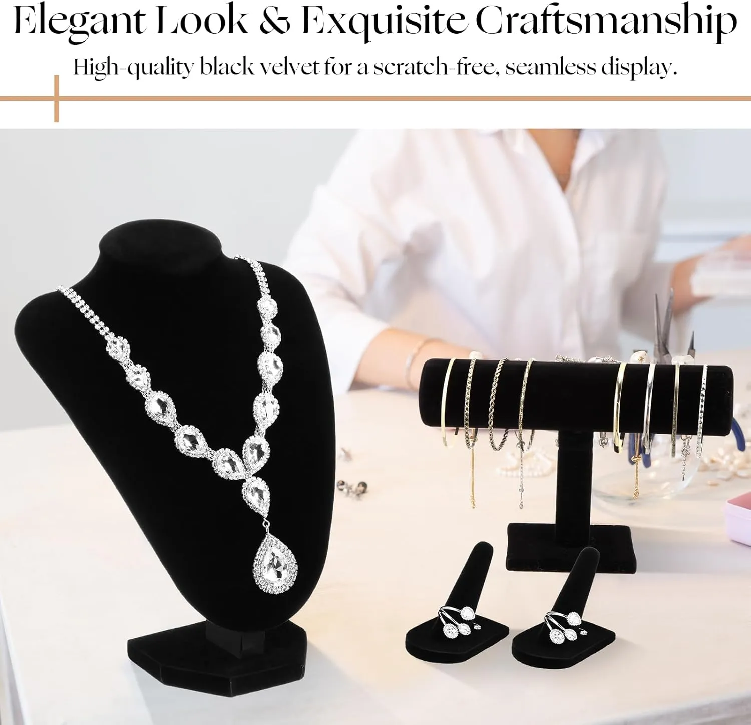 Wenqik 4 Pcs Velvet Jewelry Display Set Velvet Necklace Bust Holder Bracelet Organizer 2 Ring Finger Jewelry Holder