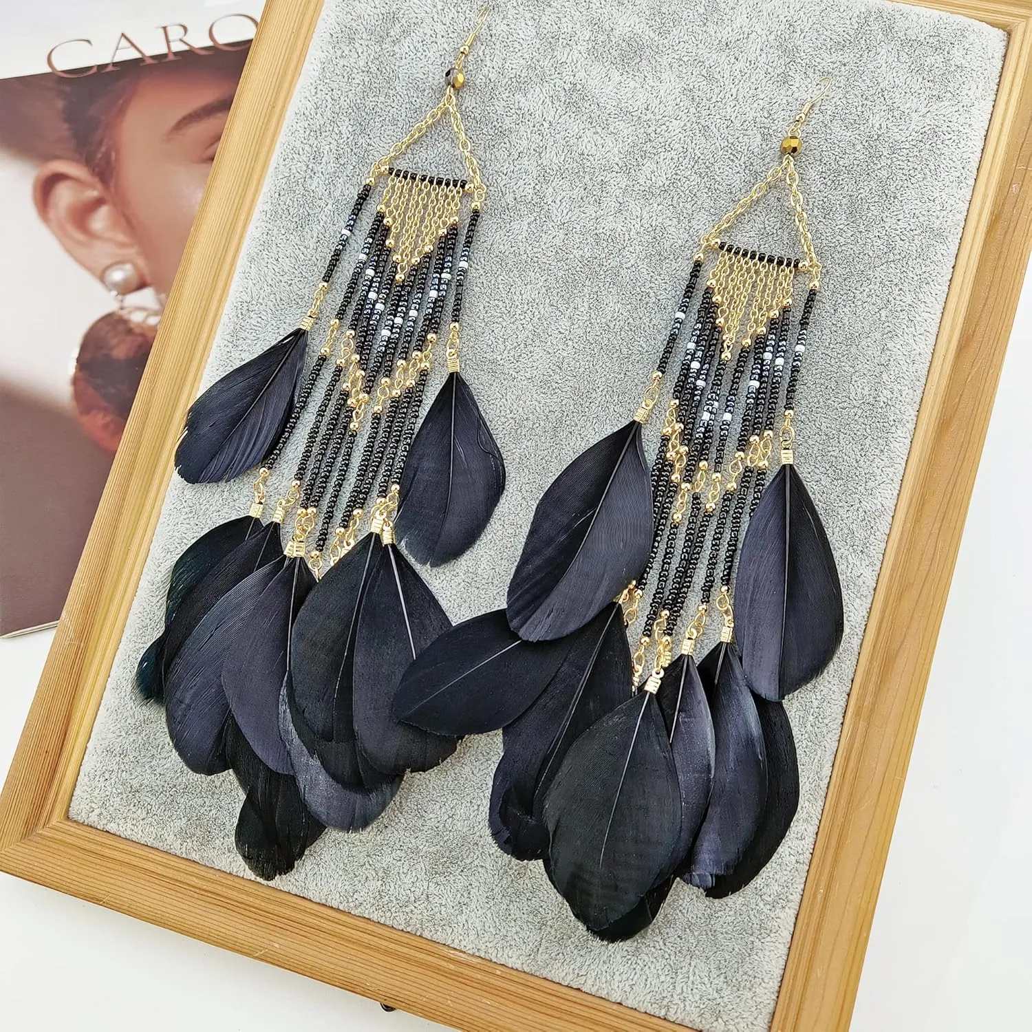 Women Faux Feather Earrings Bohemian Seed Beaded Earrings with Feather Tassel for Women