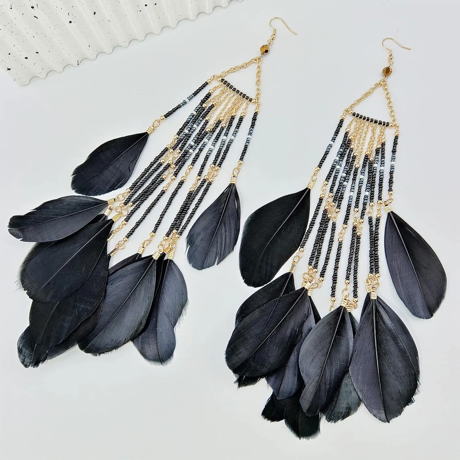 Women Faux Feather Earrings Bohemian Seed Beaded Earrings with Feather Tassel for Women