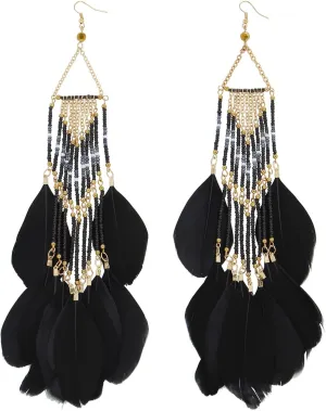 Women Faux Feather Earrings Bohemian Seed Beaded Earrings with Feather Tassel for Women