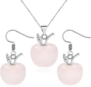 Womens Apple Crystal Necklace and Earrings Set | Natural Crystal Apple Drop Earrings with Zircon Leaf | Brass Chain Christmas Jewelry for Mom Wife Teacher YA4030