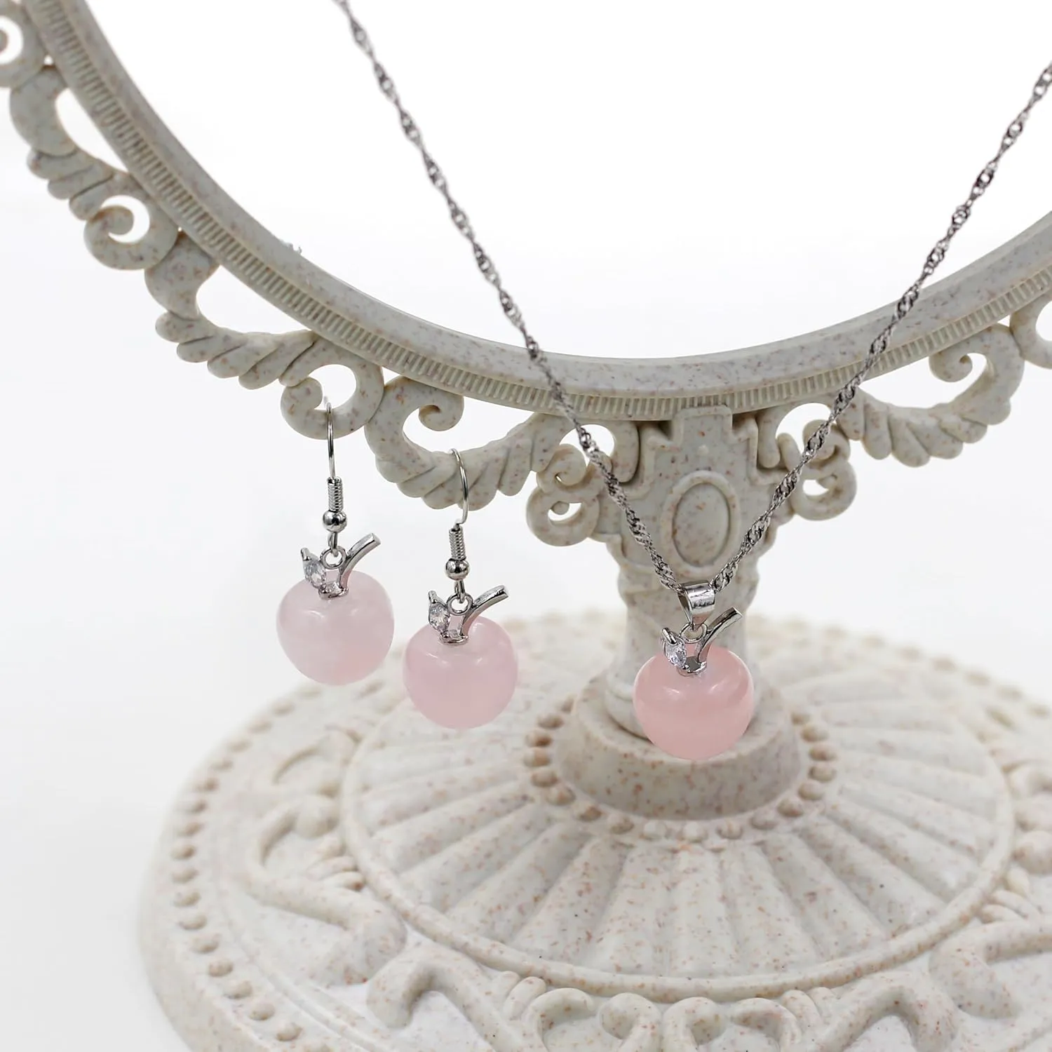 Womens Apple Crystal Necklace and Earrings Set | Natural Crystal Apple Drop Earrings with Zircon Leaf | Brass Chain Christmas Jewelry for Mom Wife Teacher YA4030