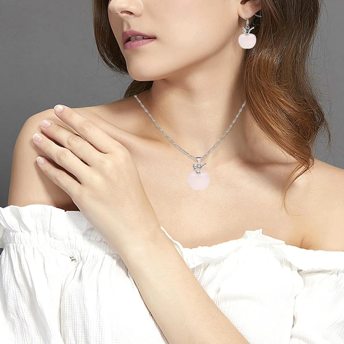 Womens Apple Crystal Necklace and Earrings Set | Natural Crystal Apple Drop Earrings with Zircon Leaf | Brass Chain Christmas Jewelry for Mom Wife Teacher YA4030