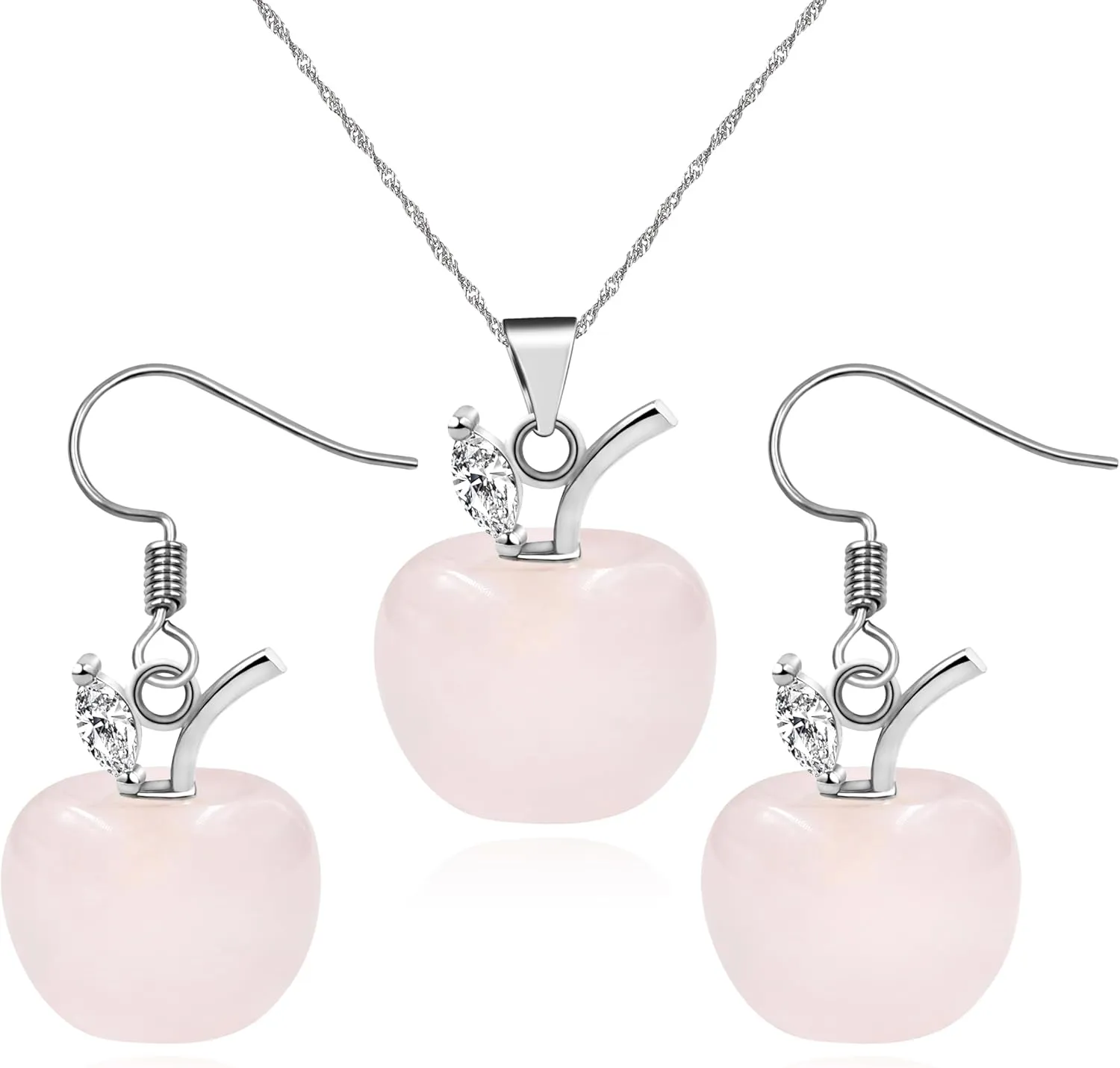 Womens Apple Crystal Necklace and Earrings Set | Natural Crystal Apple Drop Earrings with Zircon Leaf | Brass Chain Christmas Jewelry for Mom Wife Teacher YA4030